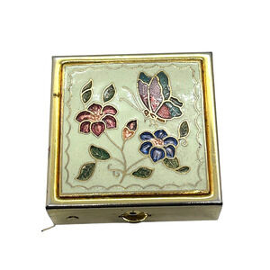 Butterfly Cloisonne Pill Trinket Box Mirror Retro Gold Tone Flower Cream Purple